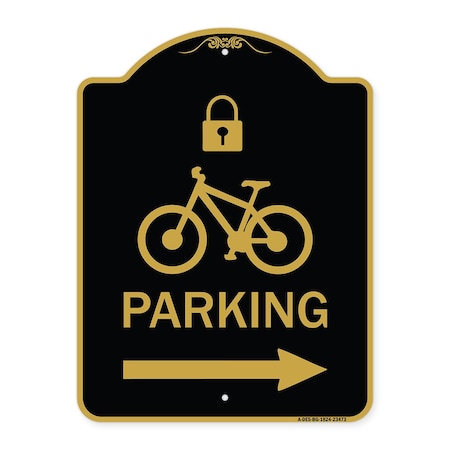 Signmission Parking W/ Lock Cycle & Right Arrow, Black & Gold Aluminum Sign, 18" x 24", BG-1824-23473 A-DES-BG-1824-23473